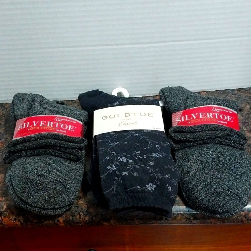(Ladies )1 SilverToe Floral and 2 Gray Socks Sets. There Is A Total of 9 Pairs